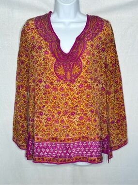 GUC Tolani Silk Boho Floral V-Neck Tunic Top - Fuchsia & Gold size Small